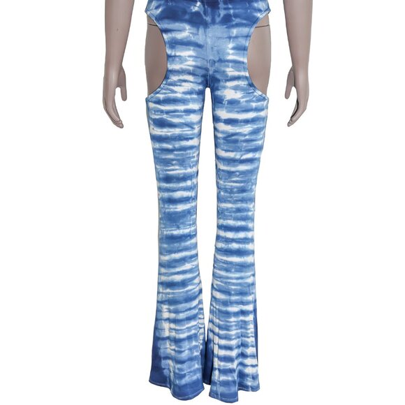 Oh Mighty Boho Chic Blue Tie Dye Cut Out High Waisted Bell‎ Bottom Pants Small - Picture 3 of 4